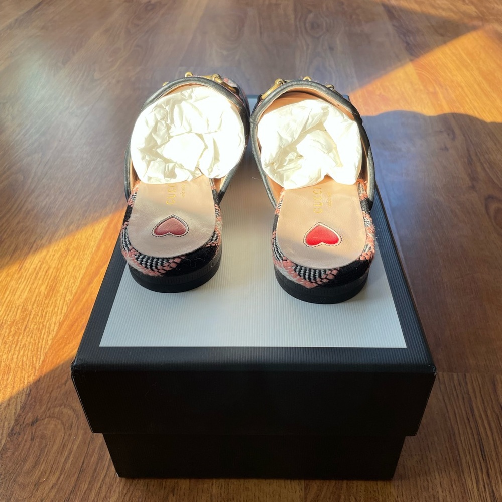 Gucci Princetown Pink Plaid “Fancy Tweed” Loafers Mules Size 35 EU / 5 US NIB - Picture 4 of 7